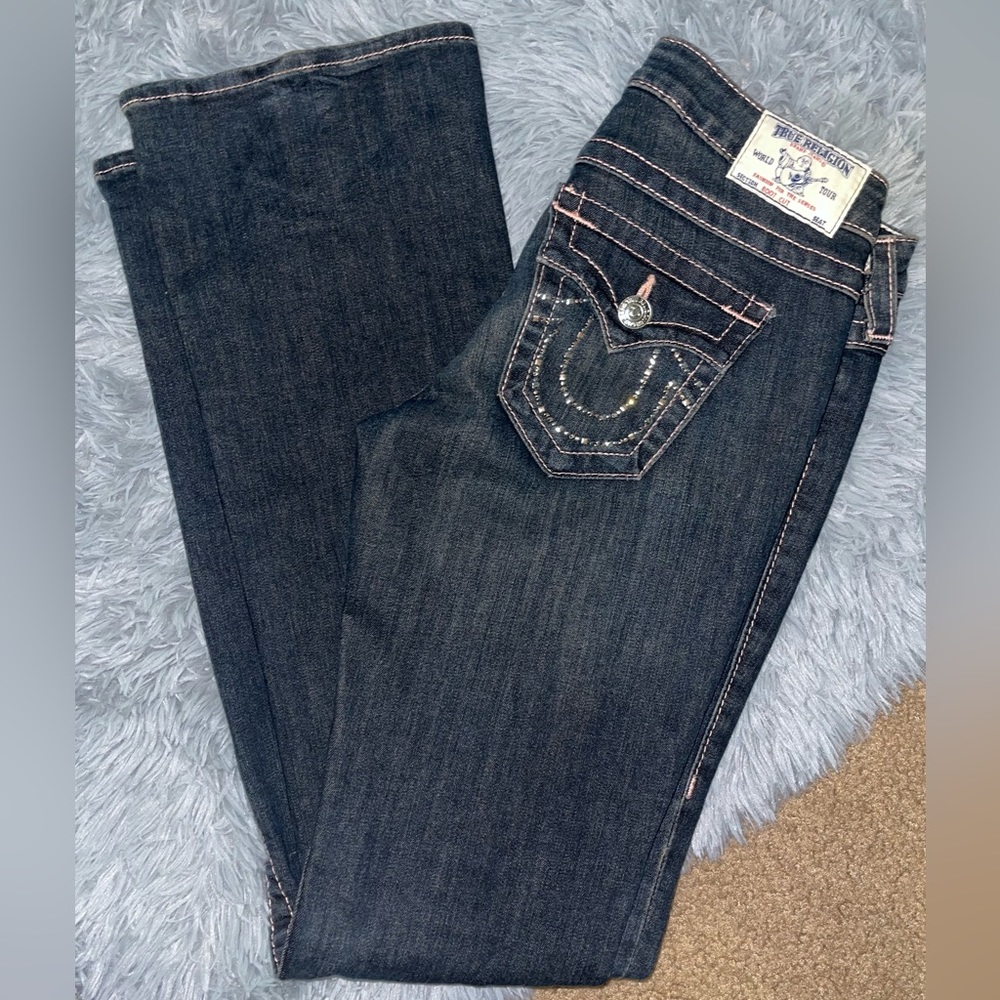 True religion boot cut dark wash rhinestone pink crystal stitching jeans lowrise